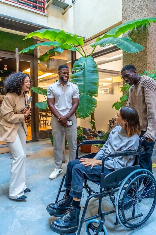 Happy diverse coworkers chatting at the entrance of the office with a disabled woman with wheelchair