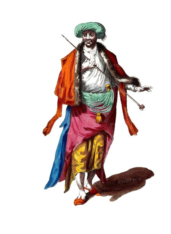 Historical clothing, fashion over time, clothing of a Janissary around 1700, in the Ottoman Empire the elite troop of the army, Turkey, digitally restored reproduction of a model from the 18th/19th century, exact date unknown, a man in colourful and exotic clothing with a turban and stick