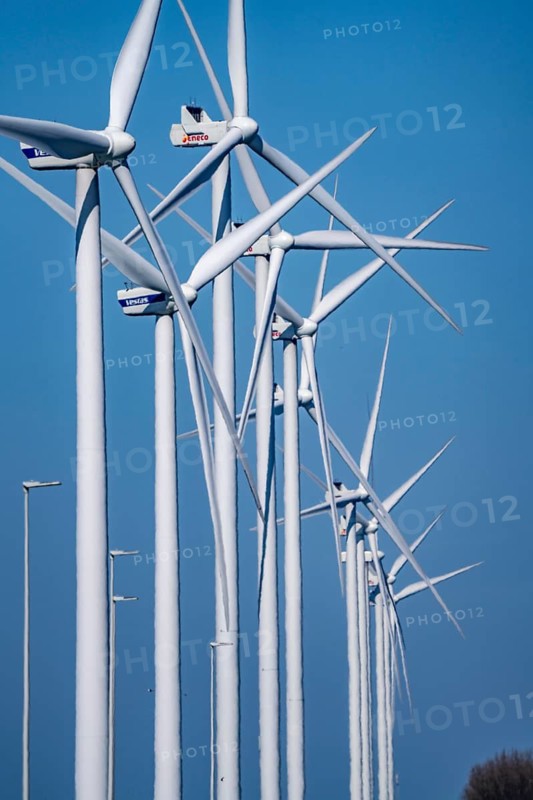 Wind farm on the Nordzeeweg, on a long spit of land between the Maas and the Calandkanaal in the Europoort harbour of Rotterdam, Netherlands