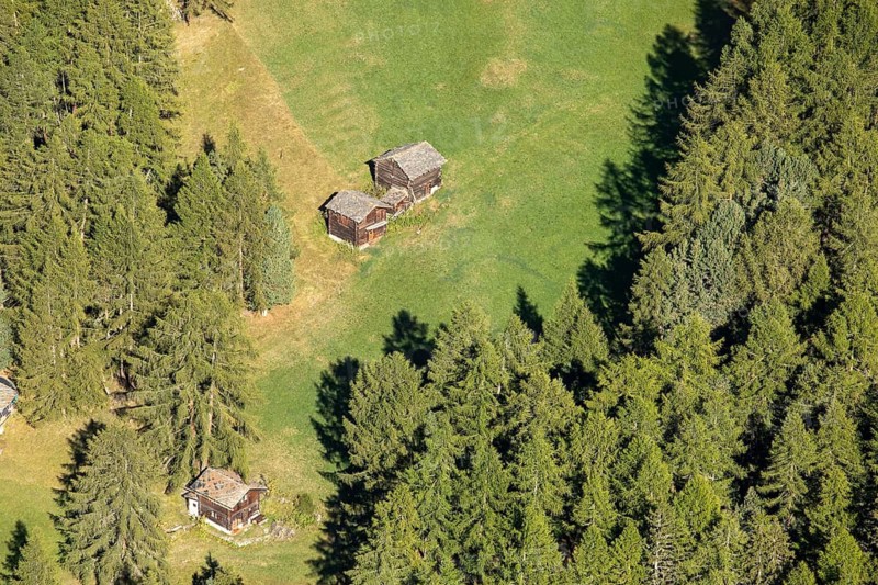 Aerial view of rustic wooden cabins nestled in a lush green meadow surrounded by dense forests in Zermatt, Switzerland, capturing the serene beauty of summer in the Alps