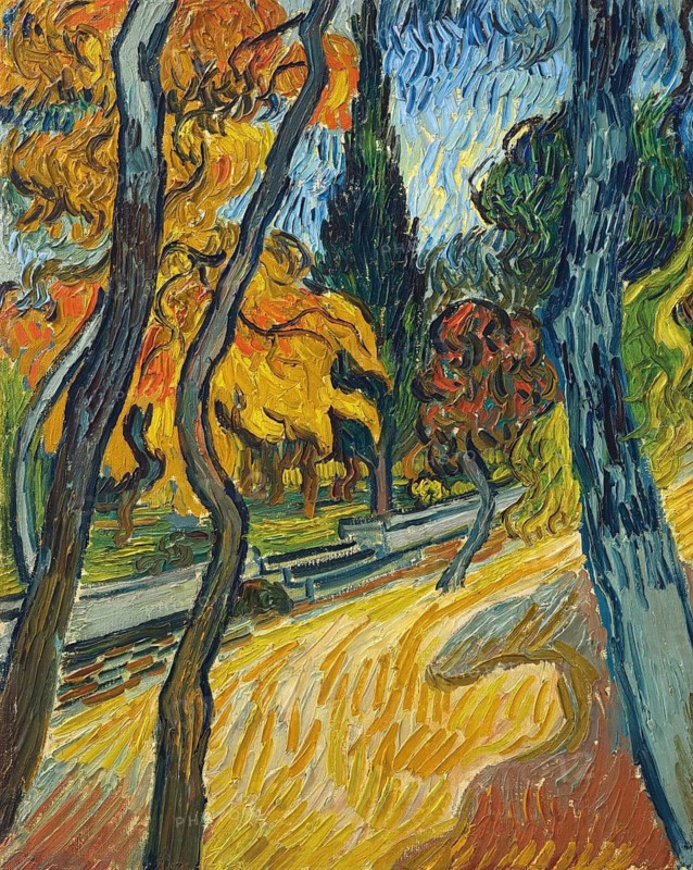 Arbres dans le jardin de l'asile (1889), Trees in the asylum garden (1889), Painting by Vincent Willem van Gogh (born 30 March 1853 in Groot-Zundert, died 29 July 1890 in Auvers-sur-Oise), Dutch painter and draughtsman, one of the founders of modern painting, Illustration, Reproduction from a painting. Authentic, exact date of original unknown, Historical, Colourful autumn painting with bent trees along a walkway in vivid colours