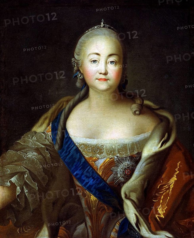 Portrait of the Empress Elisabeth Petrovna. Ivan Argunov (1727-c1829) Russian painter. Elisabeth (1709-1762) Empress of Russia from 1741, daughter of Peter the Great. Half-length portrait Frontal Female Gemstone Jewel Diamond Lace