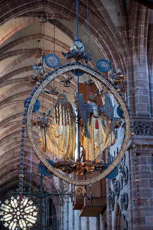 The angel's greeting from the artist Veit Stoß, from 1517, St. Lorenz Church, Nuremberg, Middle Franconia, Bavaria, Germany