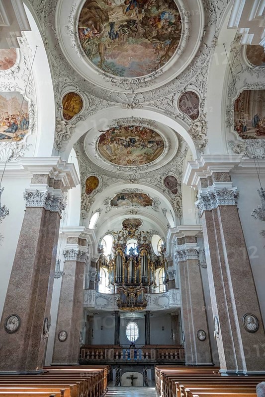Church, Baroque Basilica of St. Mang, interior view, organ and ceiling frescoes, Füssen, Ostallgäu, Bavaria Germany