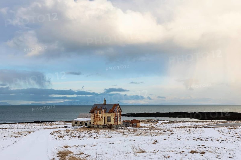Abandoned house, dilapidated house, sea, snow, winter, Garður, Iceland, Scandinavia