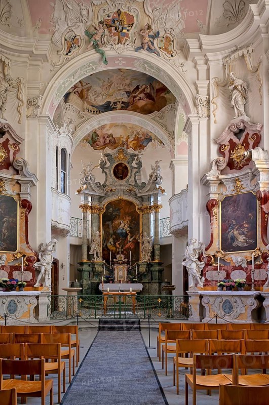 Interior view of the altar, choir, St Mary's Castle Church, Mainau Island, Constance district, Baden-Württemberg, Germany