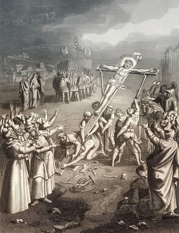 Crucifixion of Jesus, Mount Calvary, Jerusalem, New Testament, steel engraving 1853, digitally restored