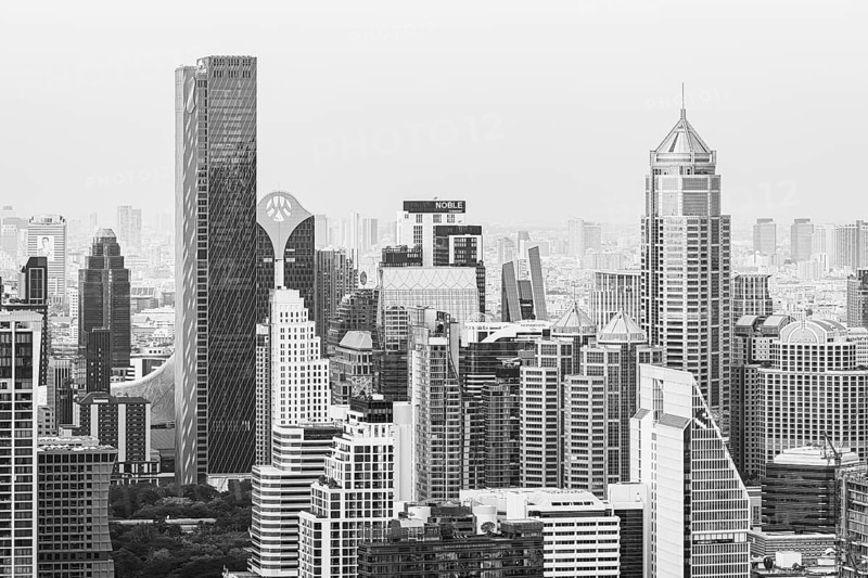 Over the rooftops of Bangkok, view from the Moon Bar on the roof terrace of the Banyan Tree hotel, black and white photo, Sathon, Bangkok, Thailand's metropolis, Thailand