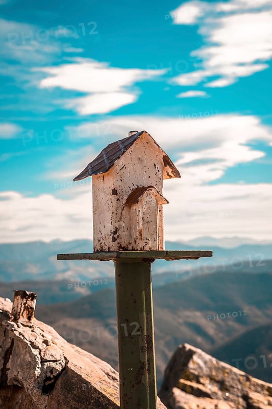 A figure of a house above Mount Adarra in Guipuzcoa a winter morning