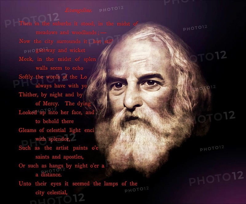 Portrait of Henry Wadsworth Longfellow, 1807 – 1882, American poet, text from Longfellow‘s poem Evangeline, A Tale of Acadie, digitally edited