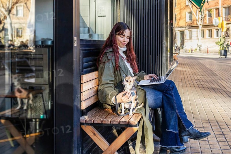 A woman sits on a wooden bench, using a laptop while holding a small chihuahua. The setting is urban with natural sunlight casting shadows, creating a cozy ambiance