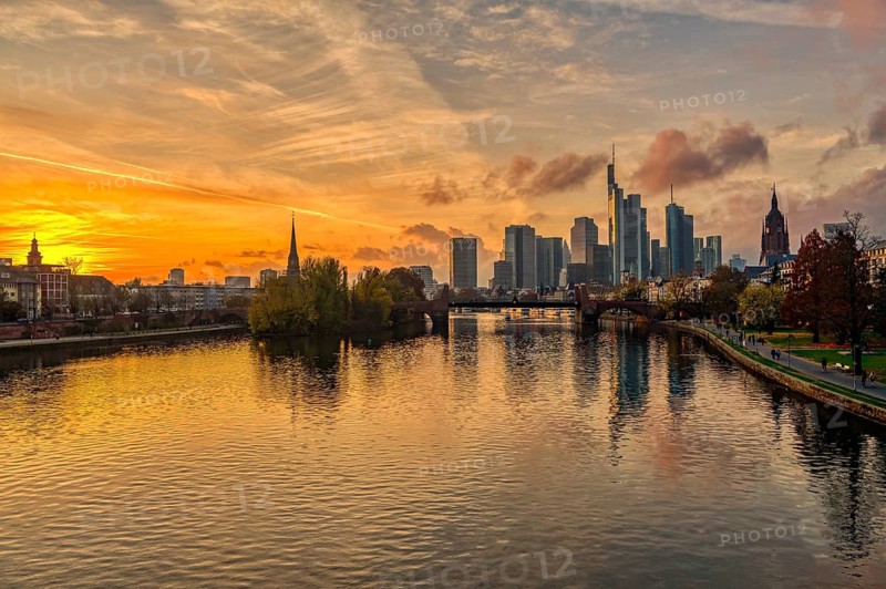 Frankfurt skyline at sunset, city centre, banks of the river Main, Frankfurt am Main, Hesse, Germany