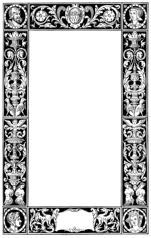German Renaissance style, historical illustration from the 19th Century, 1881, graphical decorative border with allegorical themes, Cologne, 16th century, Deutsche Renaissance, Zeichnung von 1881, Schmuckrahmen mit allegorischen Motiven aus Köln, Nordrhein-Westfalen, Deutschland, Europa