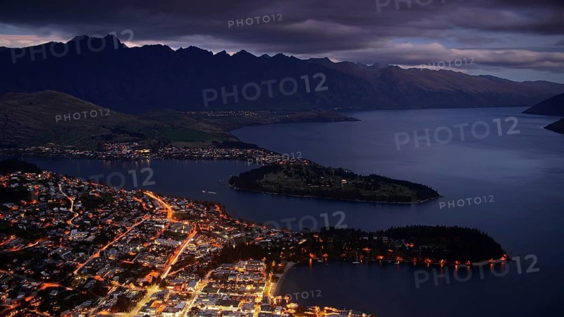New Zealand, South Island, view of Queenstown at night, blue hour, architecture