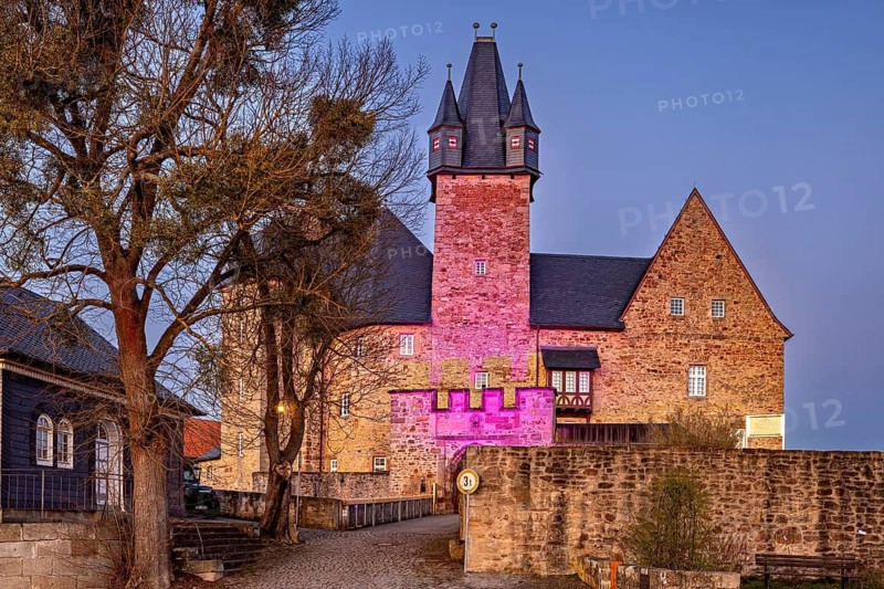 Castle is illuminated in pink, surrounded by trees, atmospheric night shot, Spangenberg Castle