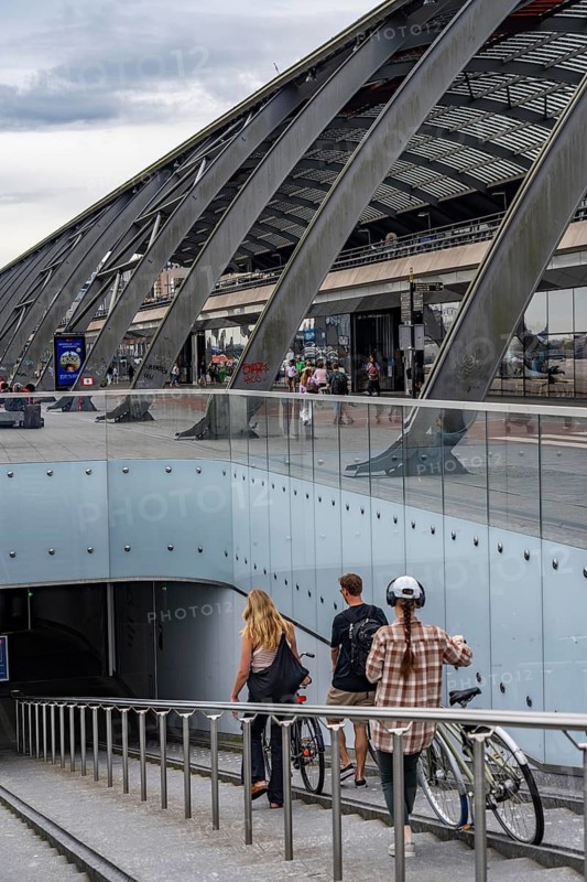 New bicycle car park at Amsterdam Central Station, IJboulevard, space for around 4000 bicycles, digitally monitored, single exit, underground, direct connection to the station, built into the water of the IJ, at the back of the station, Netherlands