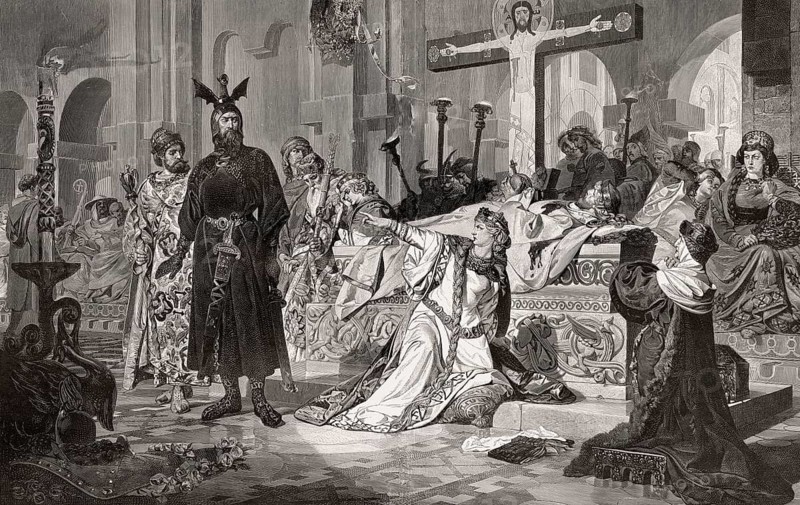 Kriemhild at the bier of Siegfried, Song of the Nibelungs, an epic poem in Middle High German