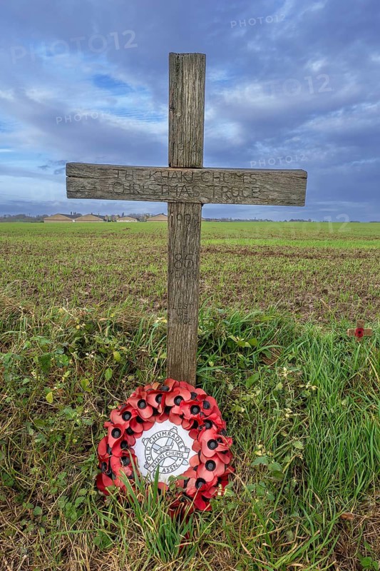 World War One Khaki Chums Cross monument to WWI Christmas Truce German, British football match played in No Man's Land, Ploegsteert, Hainaut, Belgium