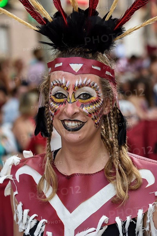 Historic clothing and headress Moving Moors and Christians. Moros y Cristianos, Jijona or Xixona, Province of Alicante, Costa Blanca, Spain