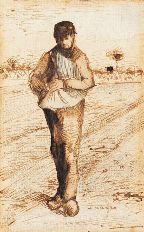 The Sower (1881), Painting by Vincent Willem van Gogh (born 30 March 1853 in Groot-Zundert, died 29 July 1890 in Auvers-sur-Oise), Dutch painter and draughtsman, one of the founders of modern painting, Illustration, Reproduction from a painting. Authentic, exact date of the original unknown, Historical, A monochrome drawing of a man in an agricultural environment, sketched with chalk