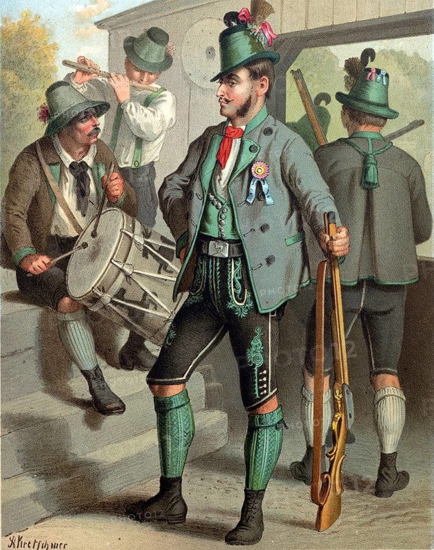Traditional costumes in Germany around 1820, Austria, Styria, men in traditional traditional costume playing music and holding a rifle, in a traditional setting, digitally retouched reproduction of a model from ca. 1850, by Albert Kretschmer (27 February 1825, 11 July 1891), German painter and costumier
