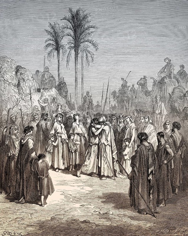 Meeting of Jacob and Esau, woodcut by Gustave Doré
