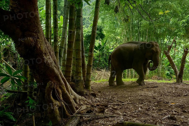 An Asian elephant gracefully roams in the lush green jungle of Thailand, surrounded by towering bamboo and dense foliage, capturing the essence of the wild