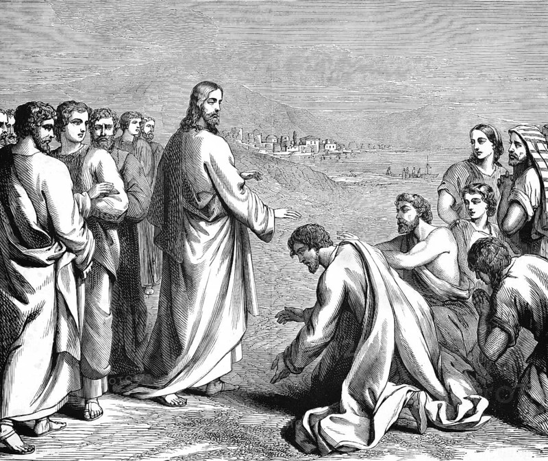 Healing the Possessed, Chapter 3, Verse 11, Gospel of Mark, Jesus, Son of God, heal, sick, kneel down, lay on hand, lake, mountain, city, Bible, historical illustration 1850