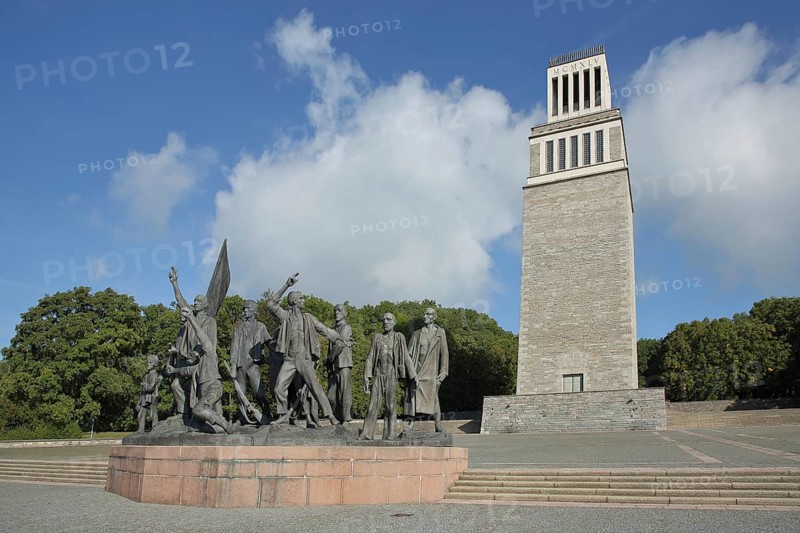 Sculpture group by Fritz Cremer with bell tower, Nazi era memorial and concentration camp, modern art, bronze sculptures, beech forest Memorial, Weimar, Thuringia, Germany