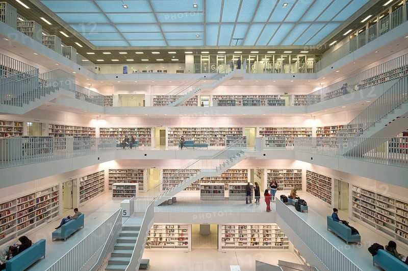 Interior view, gallery room with staircases of the city library, architect Eun Young Yi, Stuttgart, Baden-Württemberg, Germany