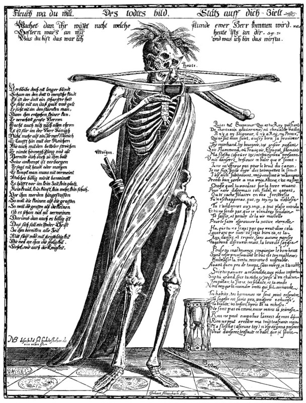 Symbolic leaflet to death, 17th century, Germany, Europe, Historische Zeichnung, symbolisches Flugblatt aus dem 17. Jahrhundert in Deutschland, der Tod