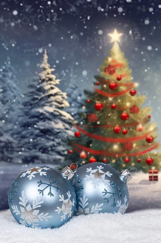 Christmas card for Christmas with Christmas baubles card and text free space copyspace decoration in winter Christmas tree snow in Stuttgart, Germany