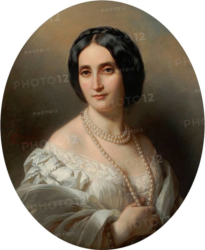 Franz Xaver Winterhalter (20 April 1805 - 8 July 1873), German painter, he was one of the most sought-after and famous portrait painters, here his work:, Mrs Baliot Brett (1814-1904, née Mlle Eugenie Mayer, later Viscountess Esher, Painting, Reproduction of the painting, Work of art, Historical, Elegant portrait of a woman with pearl jewellery and elaborate dress