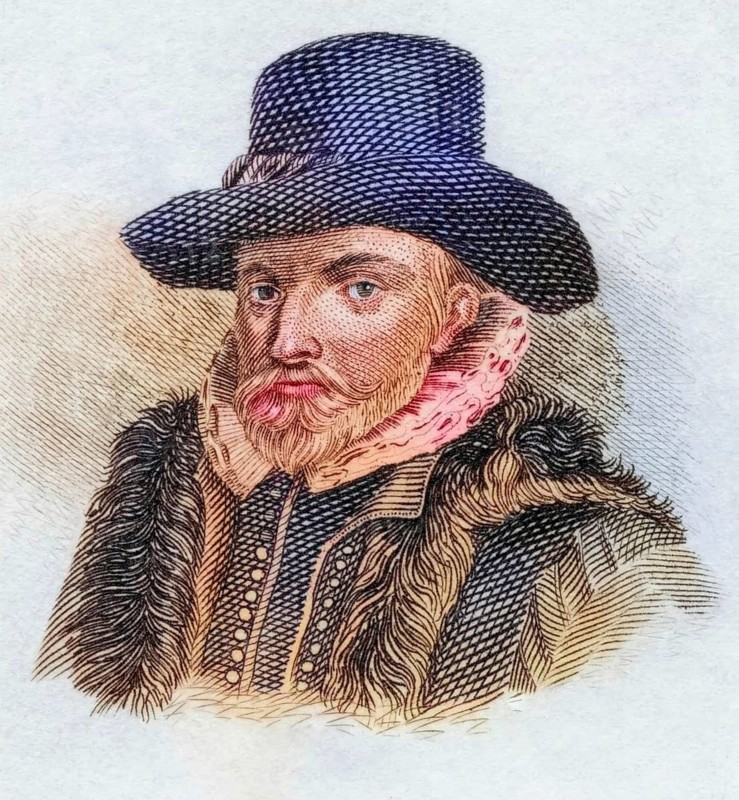 John Speed, 1552 to 1629, English historian and cartographer, coloured woodcut from Crabbe's Historical Dictionary from 1825, Historical, digital reproduction