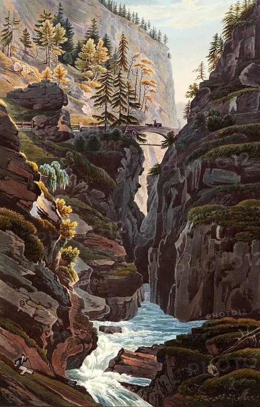 The middle bridge of the Via Mala, section of path along the Hinterrhein between Thusis and Zillis-Reischen in the canton of Graubünden, Switzerland, view from around 1830, digitally restored reproduction of a 19th century model by Johann Ludwig Bleuler (12 February 1792 - 28 March 1850), Swiss draughtsman and painter