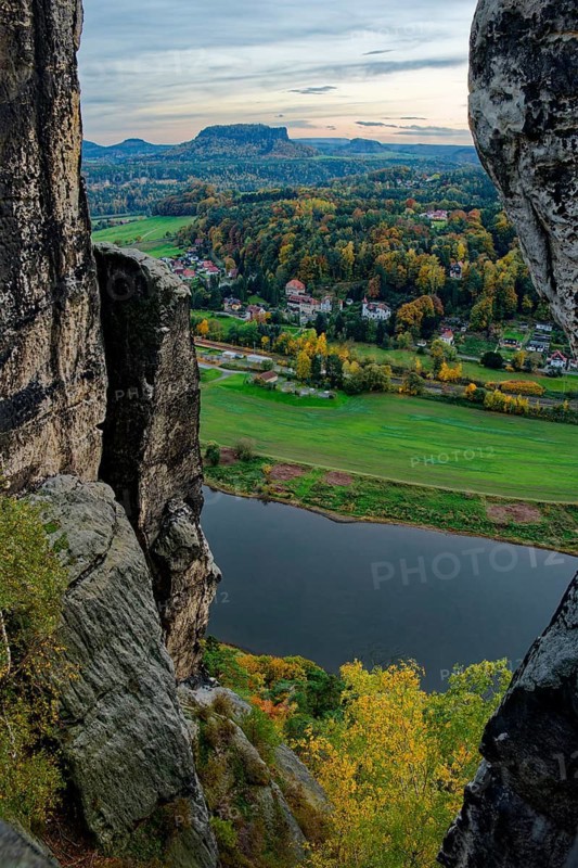 View from the Bastei Bridge, Bastei, Lohmen, Saxon Switzerland, Elbe Sandstone Mountains, Saxony, Germany