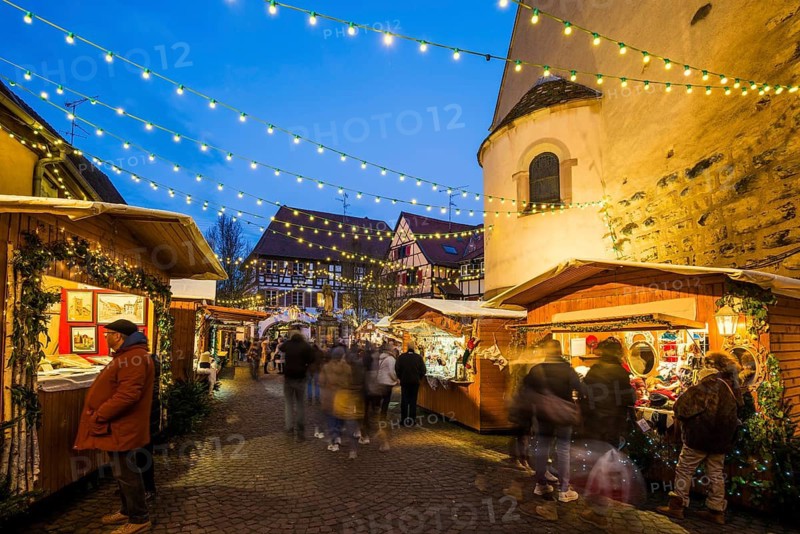 Christmas market, blue hour, Eguisheim, Haut-Rhin, Grand Est Region, Alsace, France