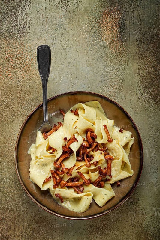 Pasta papardelle, in creamy garlic sauce, with mushrooms, traditional Italian cuisine, pasta carbonara, homemade, no people