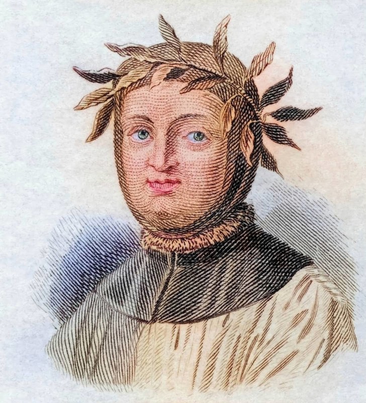 Francesco Petrarca, Petrarcha (born 20 July 1304 in Arezzo, died 19 July 1374 in Arquà) was an Italian poet and historian, coloured woodcut from Crabbe's Historical Dictionary from 1825, Historical, digital reproduction