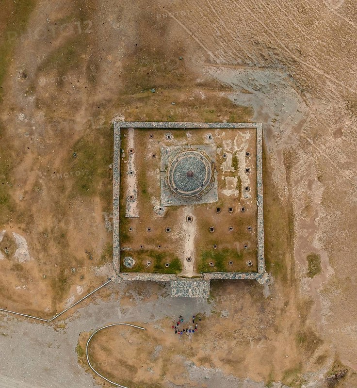 Aerial view, looking down on the caravanserai of Tash Rabat from the 15th century, Naryn region, Kyrgyzstan