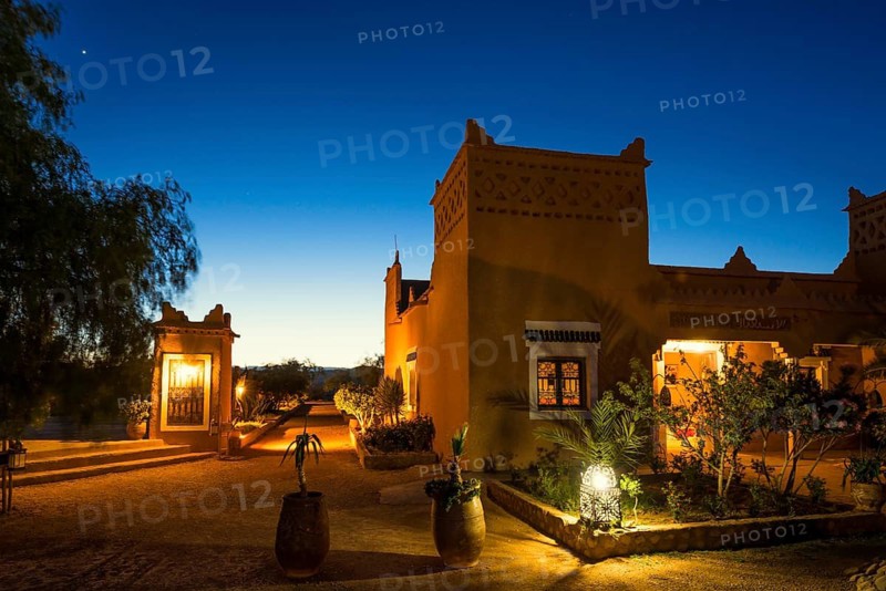 Kasbah style hotel, blue hour, Boumalne Dades, Dades Valley, Atlas Mountains, Morocco