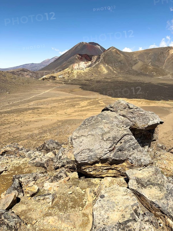 On the hiking trail of the Tongariro Alpine Crossing in Tongariro National Park with a view of the volcano Mount Ngauruhoe, North Island, New Zealand, Oceania
