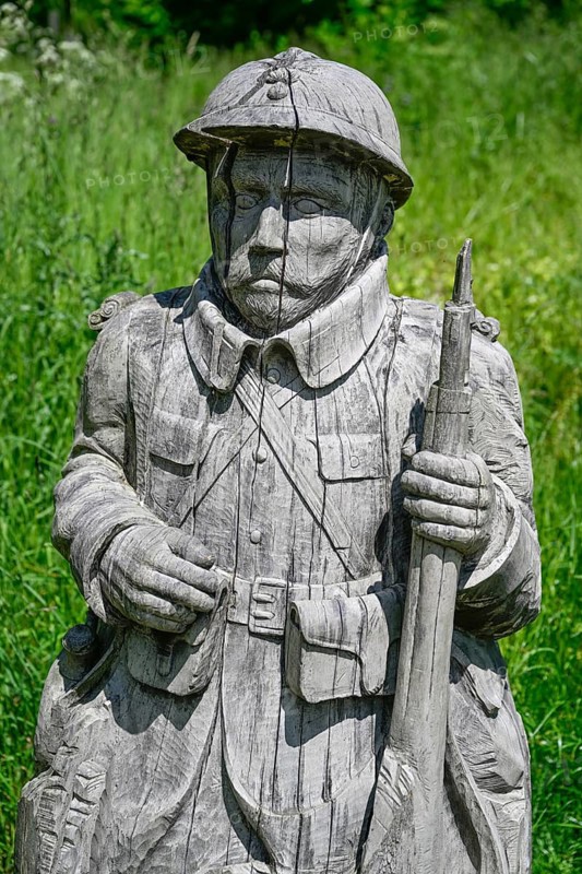 Wooden soldier on the site of the destroyed village of Fleury-devant-Douaumont, Verdun battlefield, First World War, Verdun, Grand Est region, France