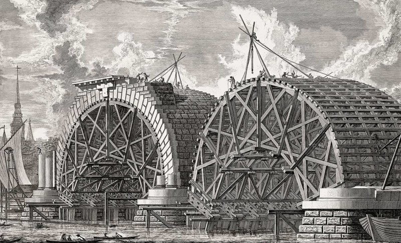 The original Blackfriars Bridge under construction in 1766, London, UK