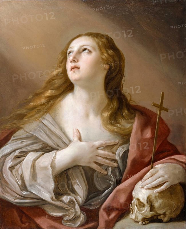 Painting, Reproduction of the painting, Work of art, Historical, Guido Reni, called il Guido or il divino Guido (born 4 November 1575 in Bologna, died 18 August 1642) Italian painter, fresco artist and etcher of the Bolognese school, main representative of a baroque classicism in painting, here the work:, The Penitent Magdalene, Holy woman with a skull and a cross, emphasised by soft light