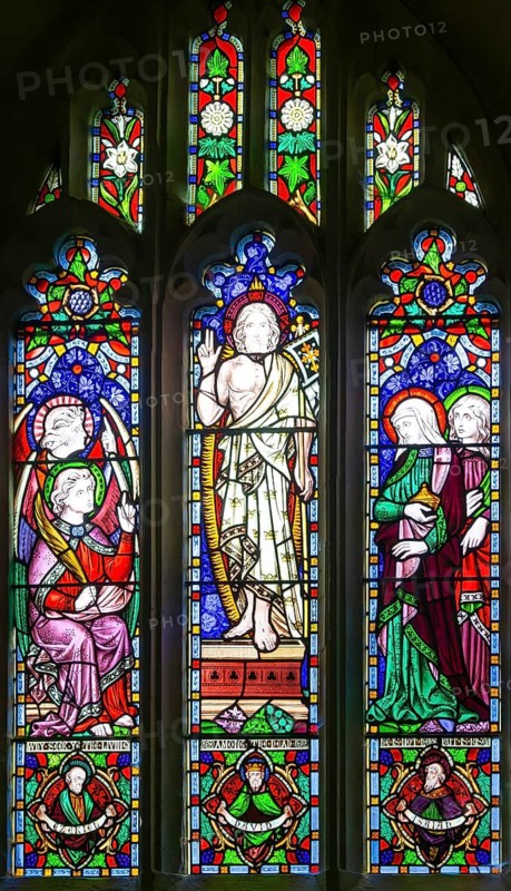 Stained glass window church of Saint Mary, Kempsford, Gloucestershire, England, UK, Three Marys at the tomb