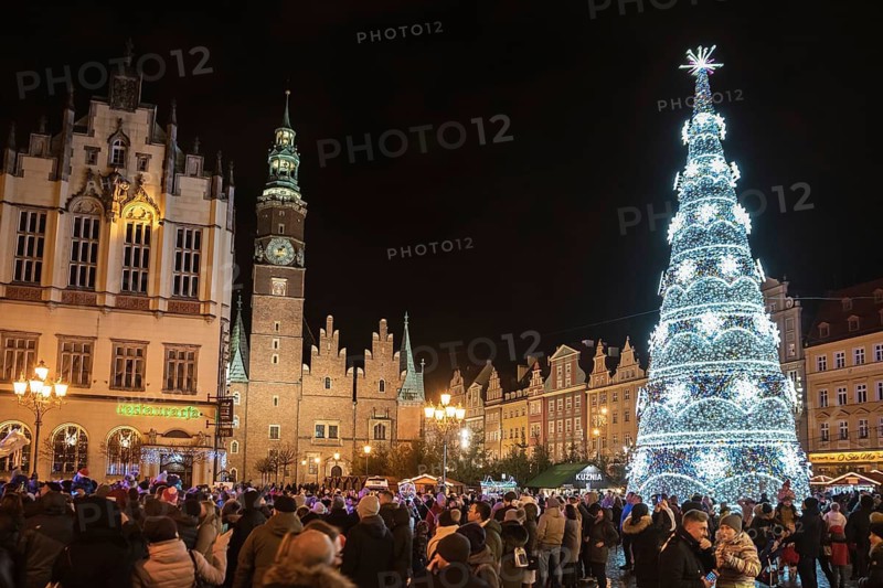 WROCLAW, POLAND - DECEMBER 09, 2018: Christmas fair in the market square of Wroclaw with the city hall and illumnated christmas tree
