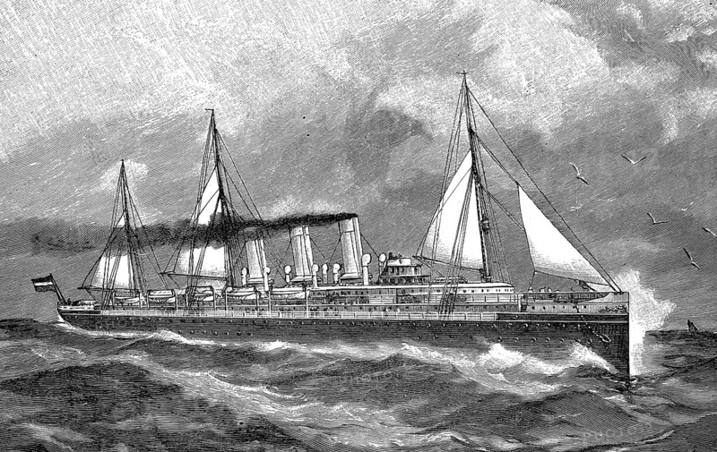 Augusta Victoria, a fast steamer that was the largest German passenger ship from 1888 to 1889. It sailed for the Hamburg-Amerikanische Packetfahrt-Actien-Gesellschaft (HAPAG), Illustration, Reproduction from a 19th century original. Authentic, file restored for optimal use, exact date of original unknown, Historical