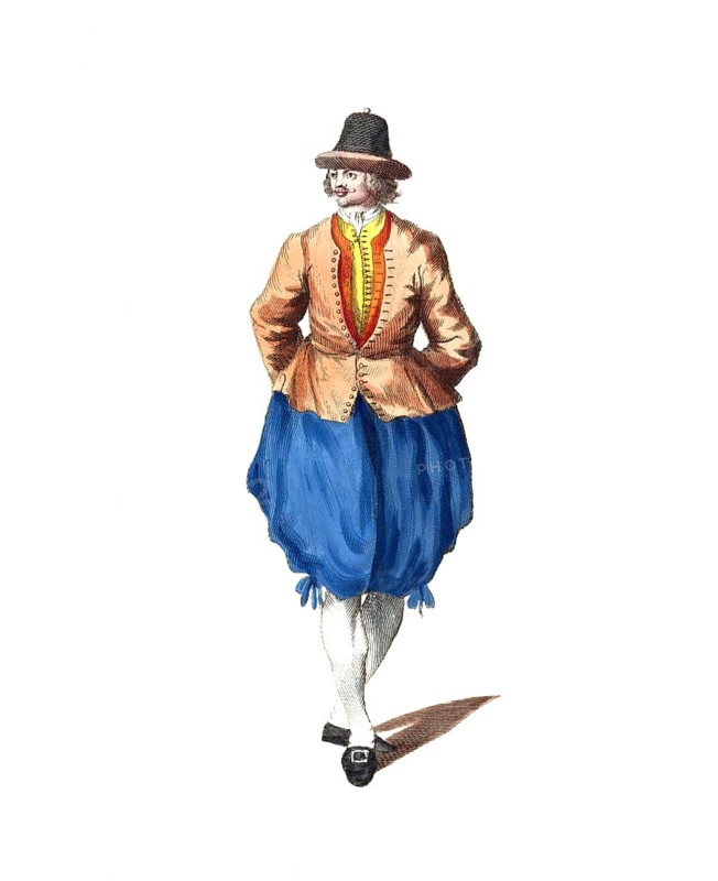 Historical clothing, fashion over time, garment of a Dutch captain in 1770, Holland, digitally restored reproduction of a model from the 18th/19th century, exact date unknown, man in traditional costume with blue pluderhosen and brown hat
