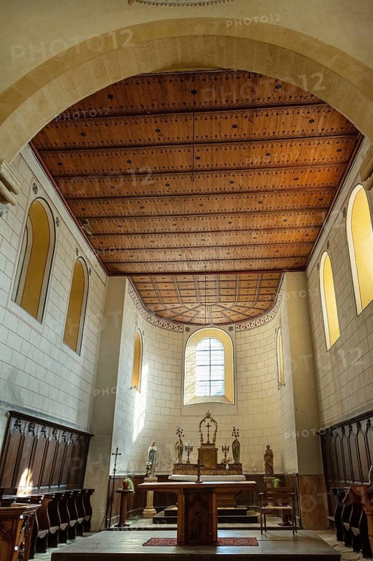 Interior of Saint-Sebastien Church in Manglieu, featuring Romanesque arches, Puy de dome department, Auvergne Rhone Alpes. France